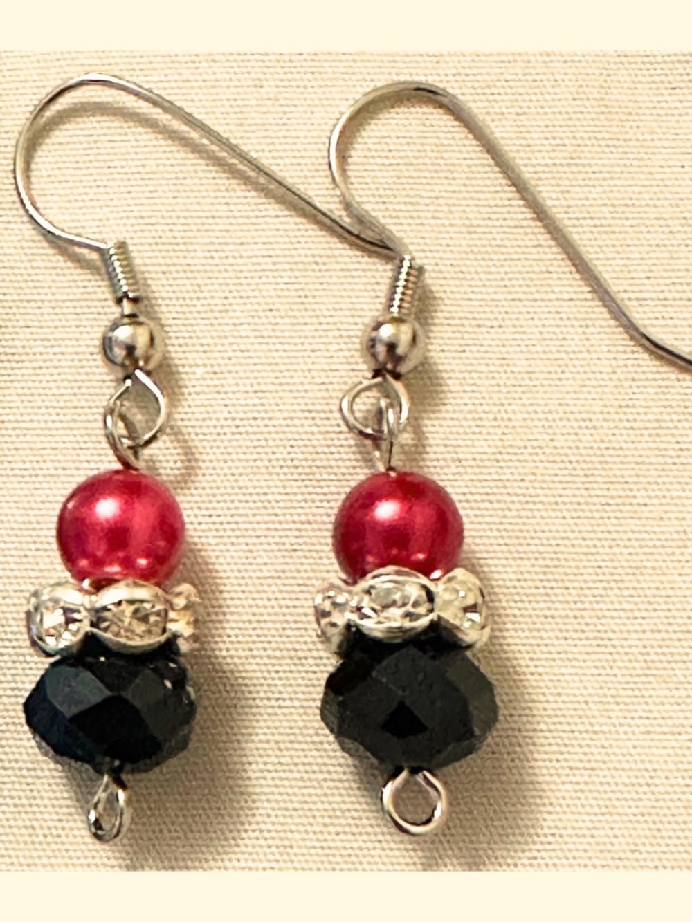 Handmade Red Faux Pearl Black Crystal Earrings Rhinestone Stainless Steel Hooks